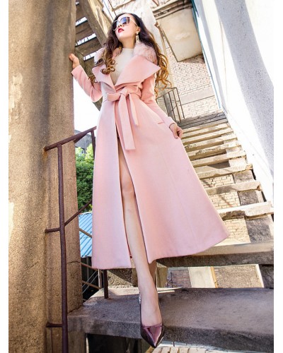 Women Outerwear For Woman Turndown Collar Sash Pink Maxi Coat Casual Fall Winter Street Wear Daily Casual