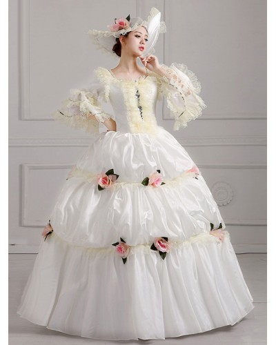 18th Century Retro Costumes White Embroidered Marie Antoinette Polyester Headwear Dress Costume Set ROCOCO Holiday Ball