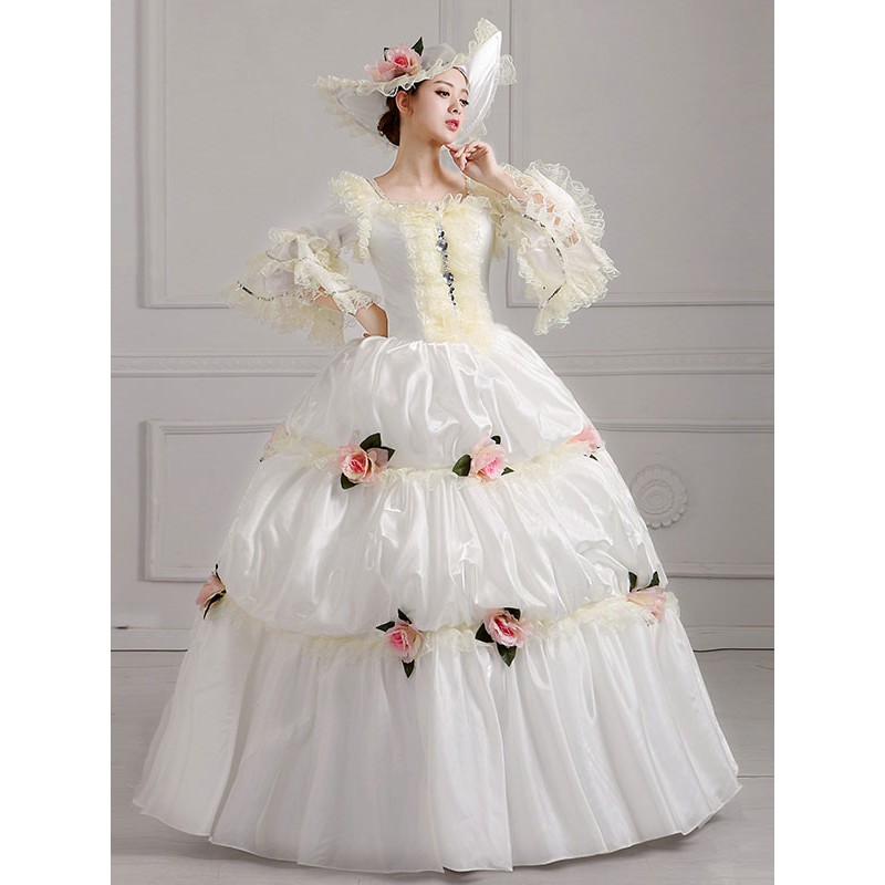 18th Century Retro Costumes White Embroidered Marie Antoinette Polyester Headwear Dress Costume Set ROCOCO Holiday Ball