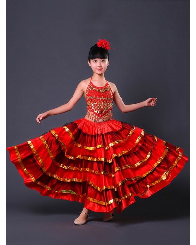 Girls Kids Belly Dance Costumes Flamenco Dress Paso Doble Costumes Spanish Skirt For Carnival