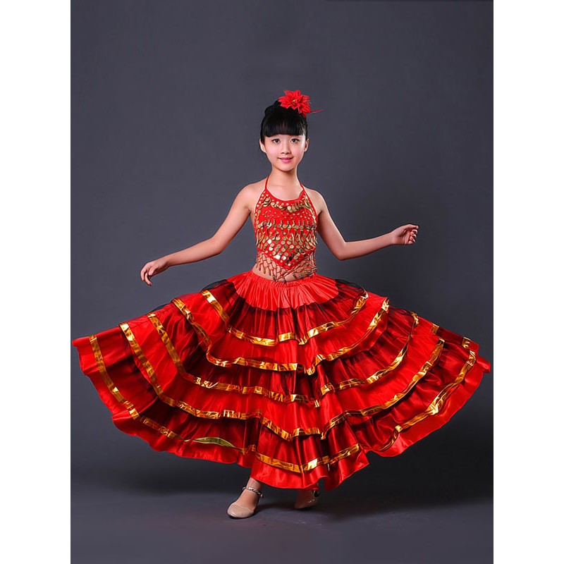 Girls Kids Belly Dance Costumes Flamenco Dress Paso Doble Costumes Spanish Skirt For Carnival