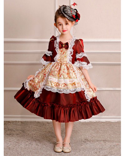 Kids Carnival Retro Costume Little Girls Rococo Dress Red Floral Ruffles Half Sleeve Royal Vintage Wears Halloween Formal Evening