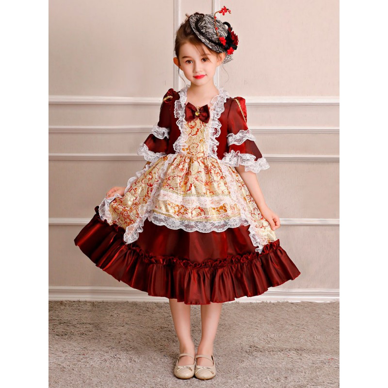 Kids Carnival Retro Costume Little Girls Rococo Dress Red Floral Ruffles Half Sleeve Royal Vintage Wears Halloween Formal Evening