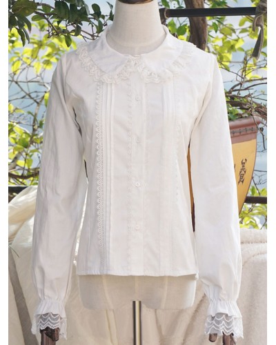 Classic Lolita Blouse Lace Trim Pleated Puff Sleeve Peter Pan Collar White Lolita Top Spring Summer Fall