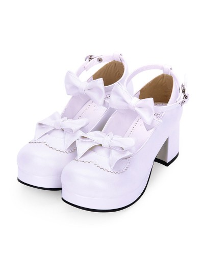 Sweet Lolita Footwear Bow Ankle Strap Platform Chunky High Heel White Lolita Shoes Daily Casual Tea Party