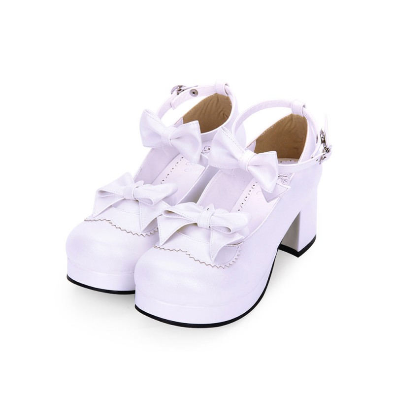 Sweet Lolita Footwear Bow Ankle Strap Platform Chunky High Heel White Lolita Shoes Daily Casual Tea Party