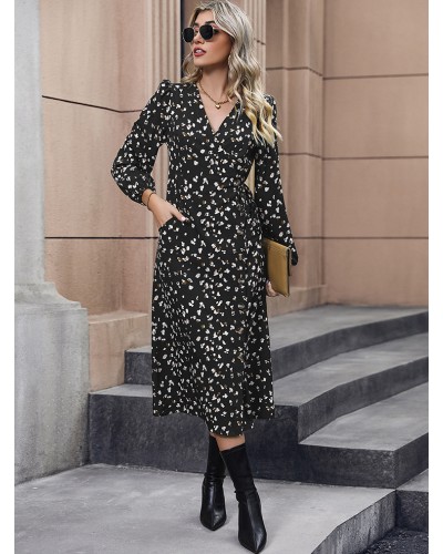 Warp Dresses V-Neck Long Sleeves High Slit Floral Elegant Midi Dress Bodycon Daily Casual Street Wear