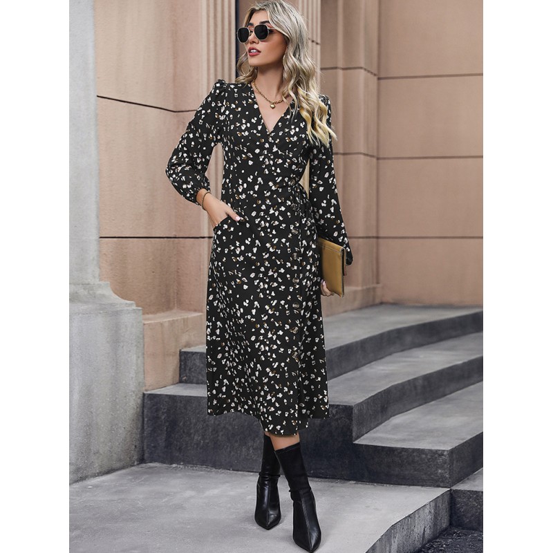 Warp Dresses V-Neck Long Sleeves High Slit Floral Elegant Midi Dress Bodycon Daily Casual Street Wear