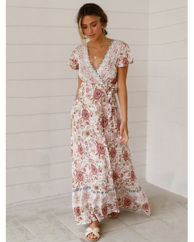 Bohemian Dresses Women Summer Tea Dress V Neck Short Sleeves Floral Print Split Dress Maxi Beach