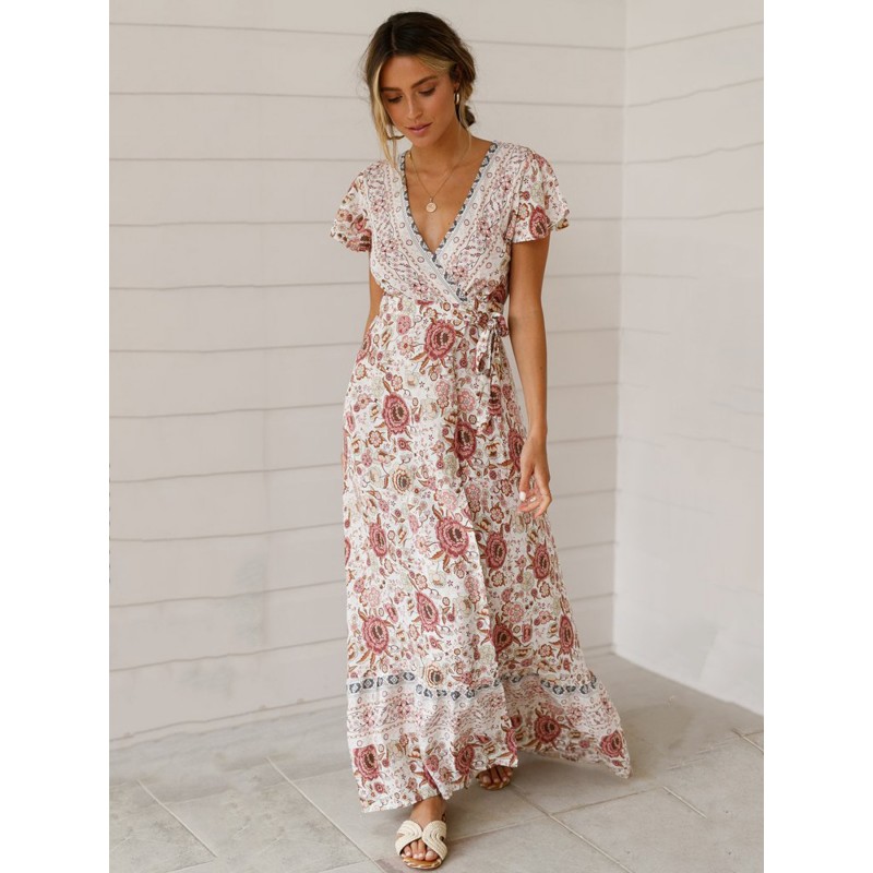 Bohemian Dresses Women Summer Tea Dress V Neck Short Sleeves Floral Print Split Dress Maxi Beach