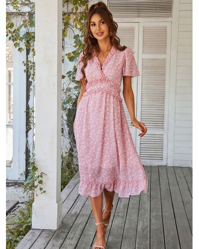 Women Printed V-Neck Short Sleeves Midi Dress Sweet Summer