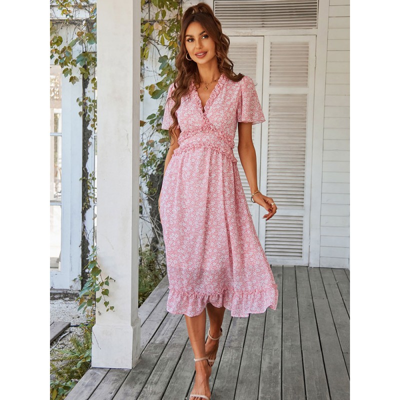 Women Printed V-Neck Short Sleeves Midi Dress Sweet Summer