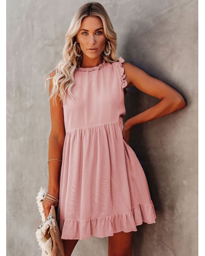 Dresses Jewel Neck Sleeveless Casual Ruffles Oversized Pastel Pink Tunic Dress Shift Street Wear Indoor Field