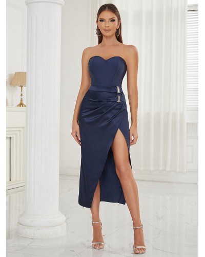 Dresses Dark Navy Strapless Metal Details Sleeveless Asymmetrical Semi Formal Dress Bodycon Party