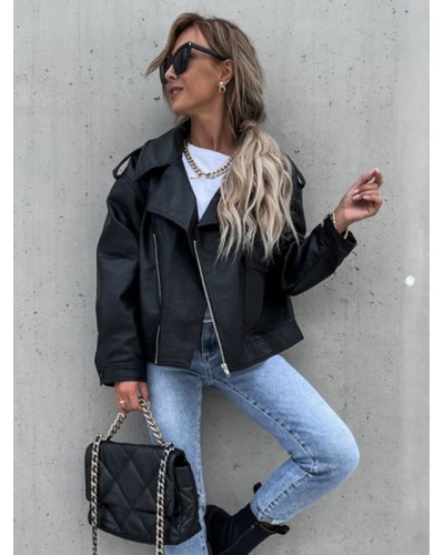 Women Faux Leather Moto Jacket Black Lapel Zip Up PU Oversized Biker Outerwear Leather Jacket Spring Fall Winter Street Wear Office  Career