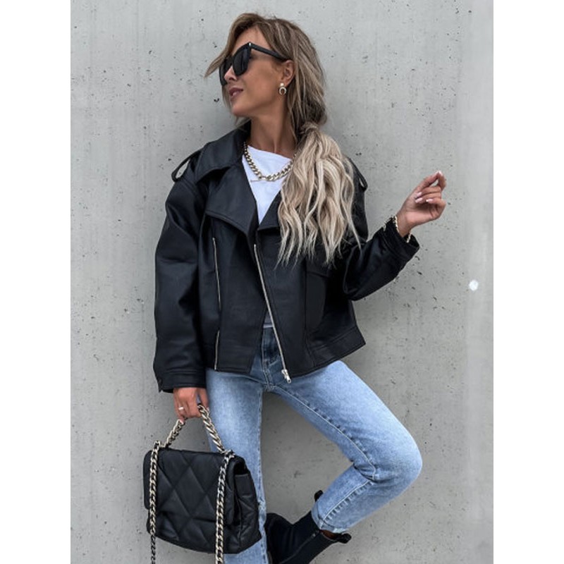 Women Faux Leather Moto Jacket Black Lapel Zip Up PU Oversized Biker Outerwear Leather Jacket Spring Fall Winter Street Wear Office  Career