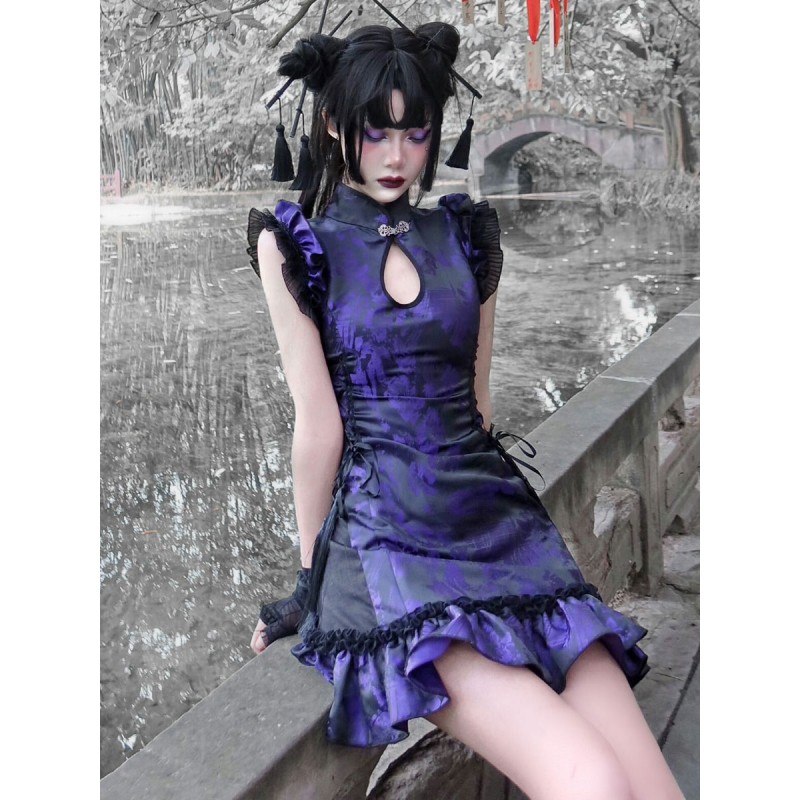 Gothic Lolita OP Dress Purple Sleeveless Polyester Jacquard Pattern Chinese Style Lolita Dress