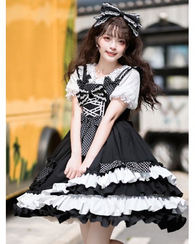 Sweet Lolita JSK Dress Polyester Sleeveless Bow Lace Polka Dot Black Lolita Jumper Skirt