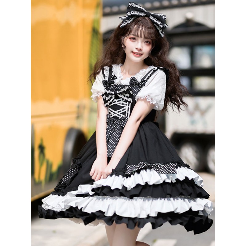 Sweet Lolita JSK Dress Polyester Sleeveless Bow Lace Polka Dot Black Lolita Jumper Skirt