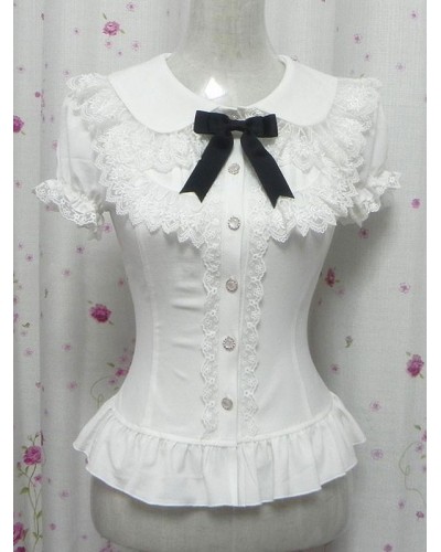 White Bows Ruffles Chic Cotton Lolita Shirt For Women Lovely