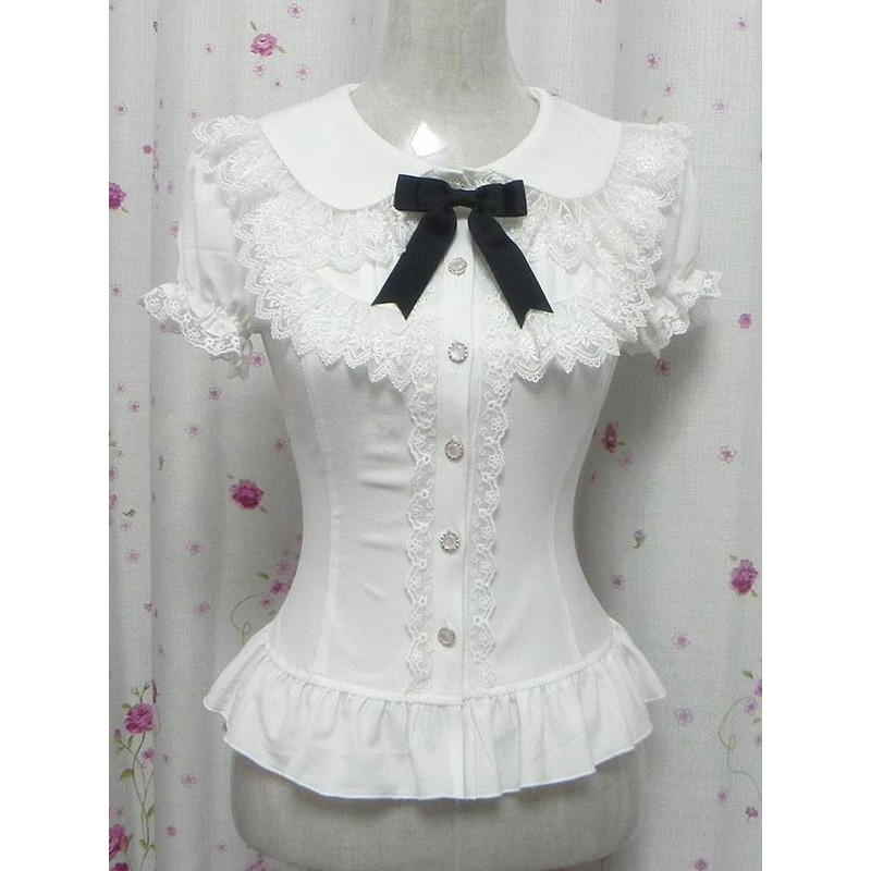 White Bows Ruffles Chic Cotton Lolita Shirt For Women Lovely