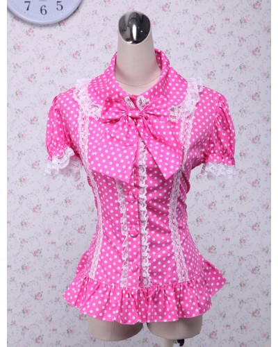 Pink Lolita Blouse White Dots Short Sleeves Lace Trim Bow