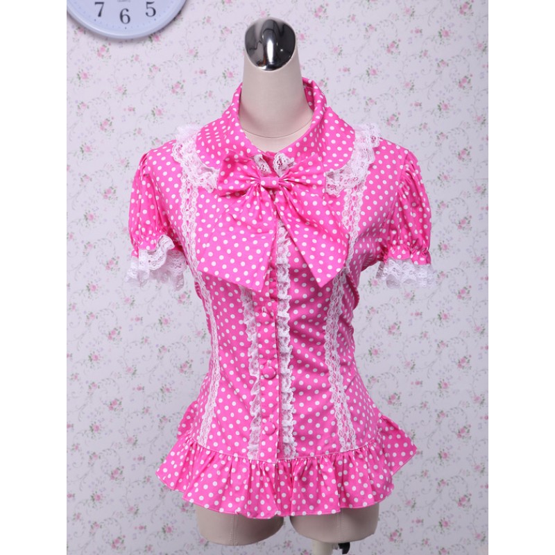 Pink Lolita Blouse White Dots Short Sleeves Lace Trim Bow