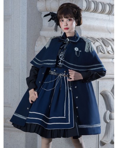 Gothic Lolita Military Style Lolita Coat Deep Navy Crewneck Long Sleeve Polyester Lolita Cape Coat Tea Party