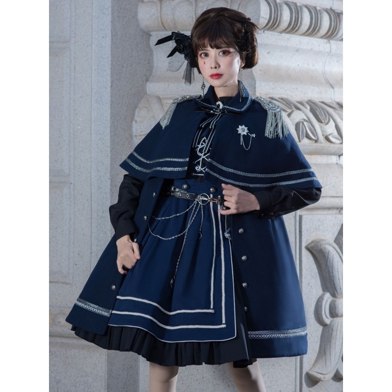 Gothic Lolita Military Style Lolita Coat Deep Navy Crewneck Long Sleeve Polyester Lolita Cape Coat Tea Party