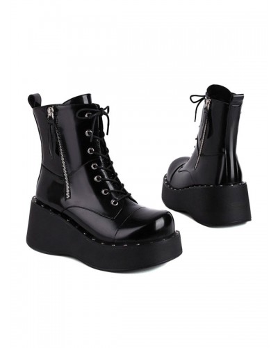 Lolita Ankle Boots Round Toe Zipper PU Leather Black Lolita Footwear Daily Casual