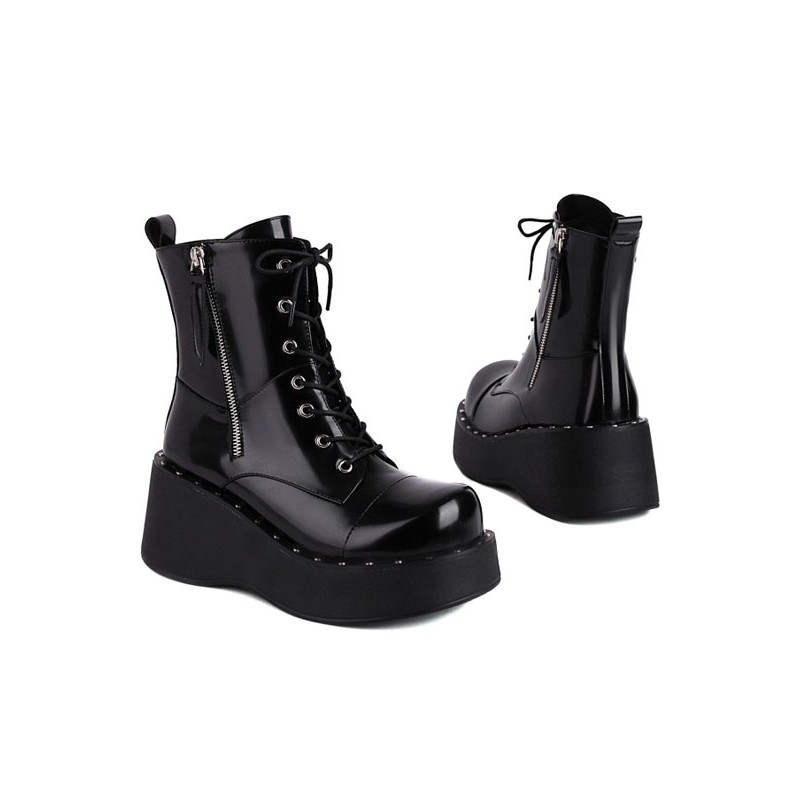 Lolita Ankle Boots Round Toe Zipper PU Leather Black Lolita Footwear Daily Casual