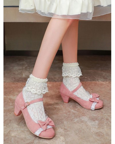 Sweet Lolita Footwear Pink Ruffles Bows Round Toe Suede Nap Lolita Shoes Daily Casual