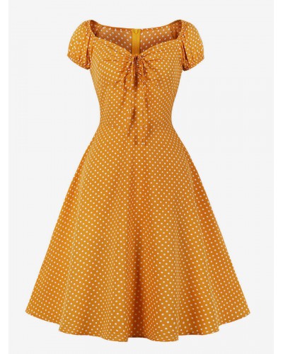 1950s Audrey Hepburn Style Retro Dress V-Neck Knotted Short Sleeves Polka Dot Midi Swing Dress Vintage Daily Casual