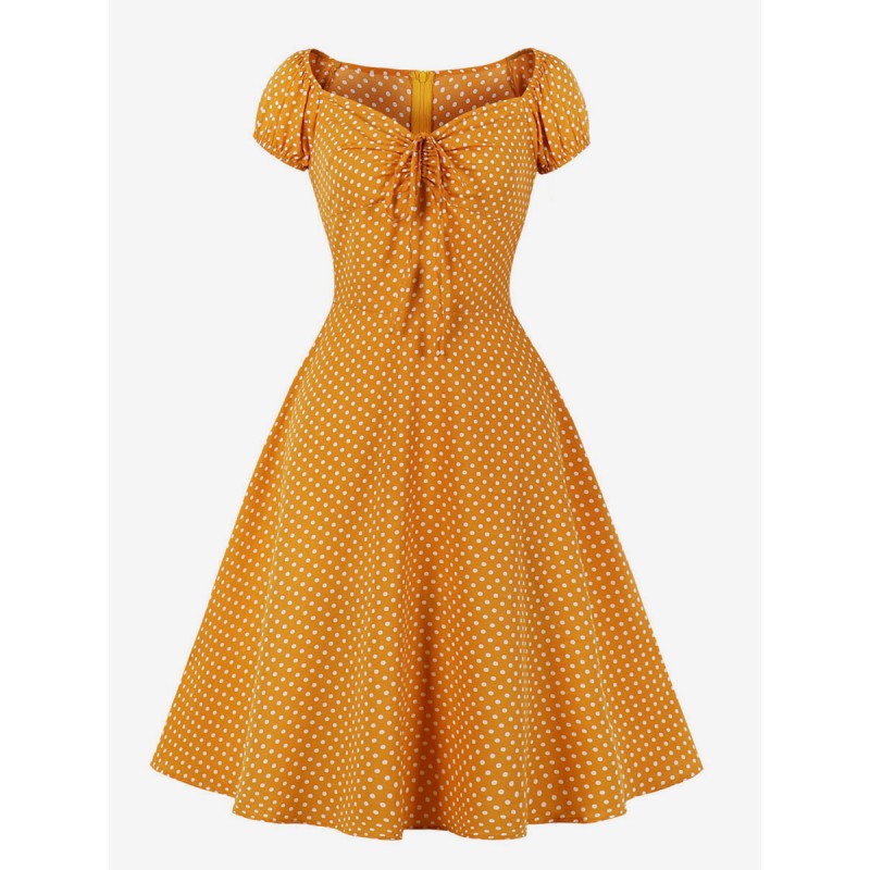 1950s Audrey Hepburn Style Retro Dress V-Neck Knotted Short Sleeves Polka Dot Midi Swing Dress Vintage Daily Casual