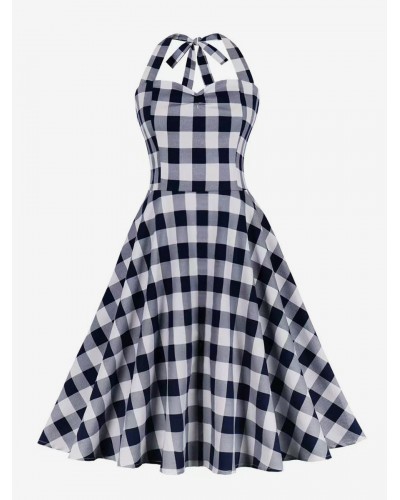 Dress 1950s Audrey Hepburn Style Blue Gray Plaid Woman's Sleeveless Swing Dress Bodycon Retro Summer