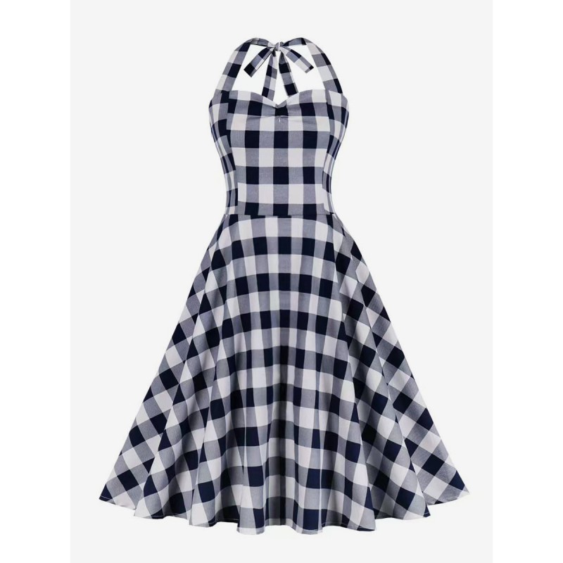 Dress 1950s Audrey Hepburn Style Blue Gray Plaid Woman's Sleeveless Swing Dress Bodycon Retro Summer