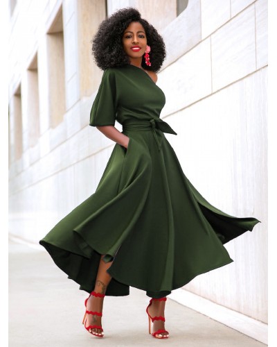 Dresses Green Asymmetrical Neck Sash Short Sleeves Layered Semi Formal Dress Maxi Party