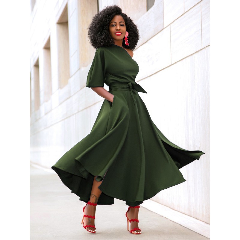 Dresses Green Asymmetrical Neck Sash Short Sleeves Layered Semi Formal Dress Maxi Party