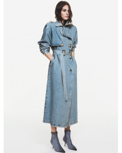 Women's Trench Coat Quality Asymmetrical Denim Turndown Collar Sash Long Sleeves Trench Coats Spring Fall