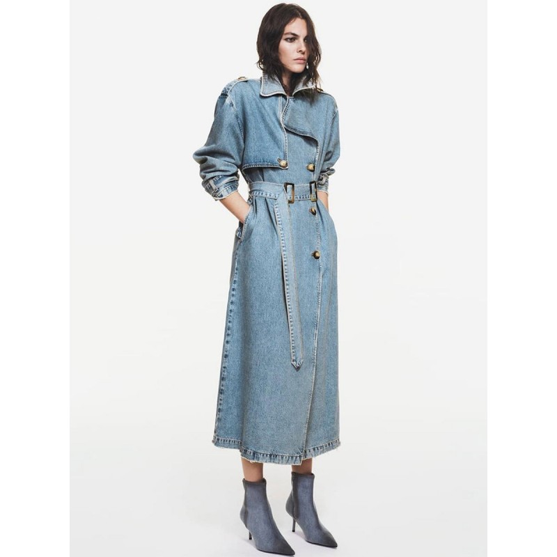 Women's Trench Coat Quality Asymmetrical Denim Turndown Collar Sash Long Sleeves Trench Coats Spring Fall