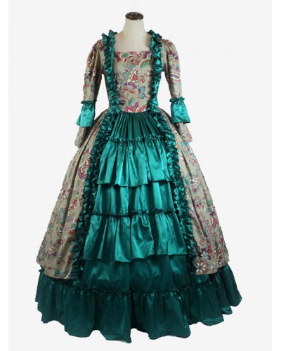 Women Green Costumes Ruffles Polyester Floral Print Dress 's Marie Antoinette Costume Party Prom Dress Tunic Royal Retro