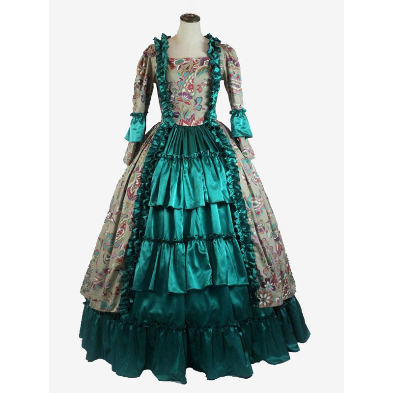 Women Green Costumes Ruffles Polyester Floral Print Dress 's Marie Antoinette Costume Party Prom Dress Tunic Royal Retro