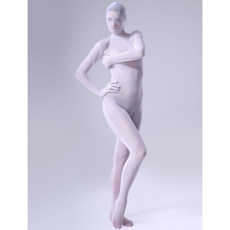 White Perspective Zentai Suit Lace Unisex Bodysuit For Halloween