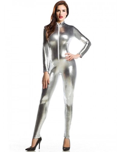 Silver Adults Bodysuit Sexy Shiny Metallic Catsuit For Women