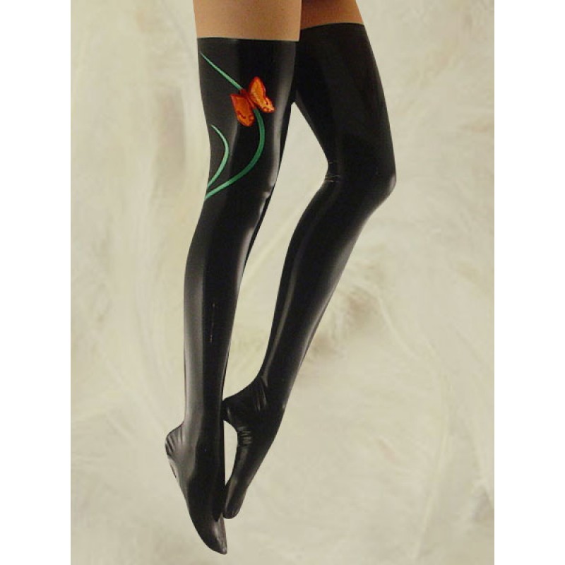 Black Latex Stockings With Butterfly Pattern