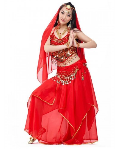 Women Belly Dance Top Pink Adult's Christmas Sequins Lace Up Chiffon Performance Costume Sets Dress