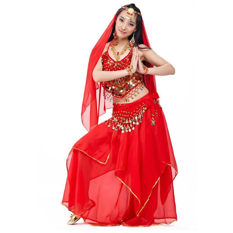 Women Belly Dance Top Pink Adult's Christmas Sequins Lace Up Chiffon Performance Costume Sets Dress