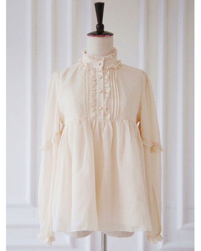 Classic Lolita Blouse Chiffon Long Sleeve Stand Collar Pleated Vanilla Cream Lolita Top Tops Classic  Traditional Daily Casual