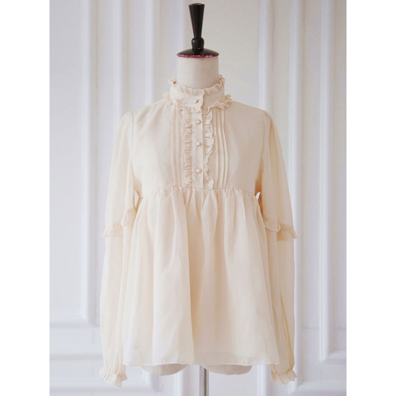 Classic Lolita Blouse Chiffon Long Sleeve Stand Collar Pleated Vanilla Cream Lolita Top Tops Classic  Traditional Daily Casual