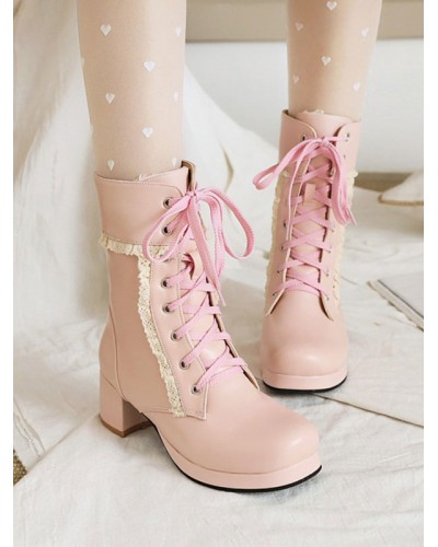 Lolita Boots Pink PU Leather Round Toe Chunky Heel Lolita Ankle Sweet Booties Footwear